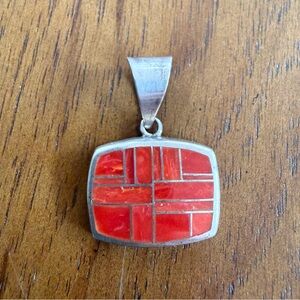 Modern Sterling Silver and Coral Geometric Necklace Pendant